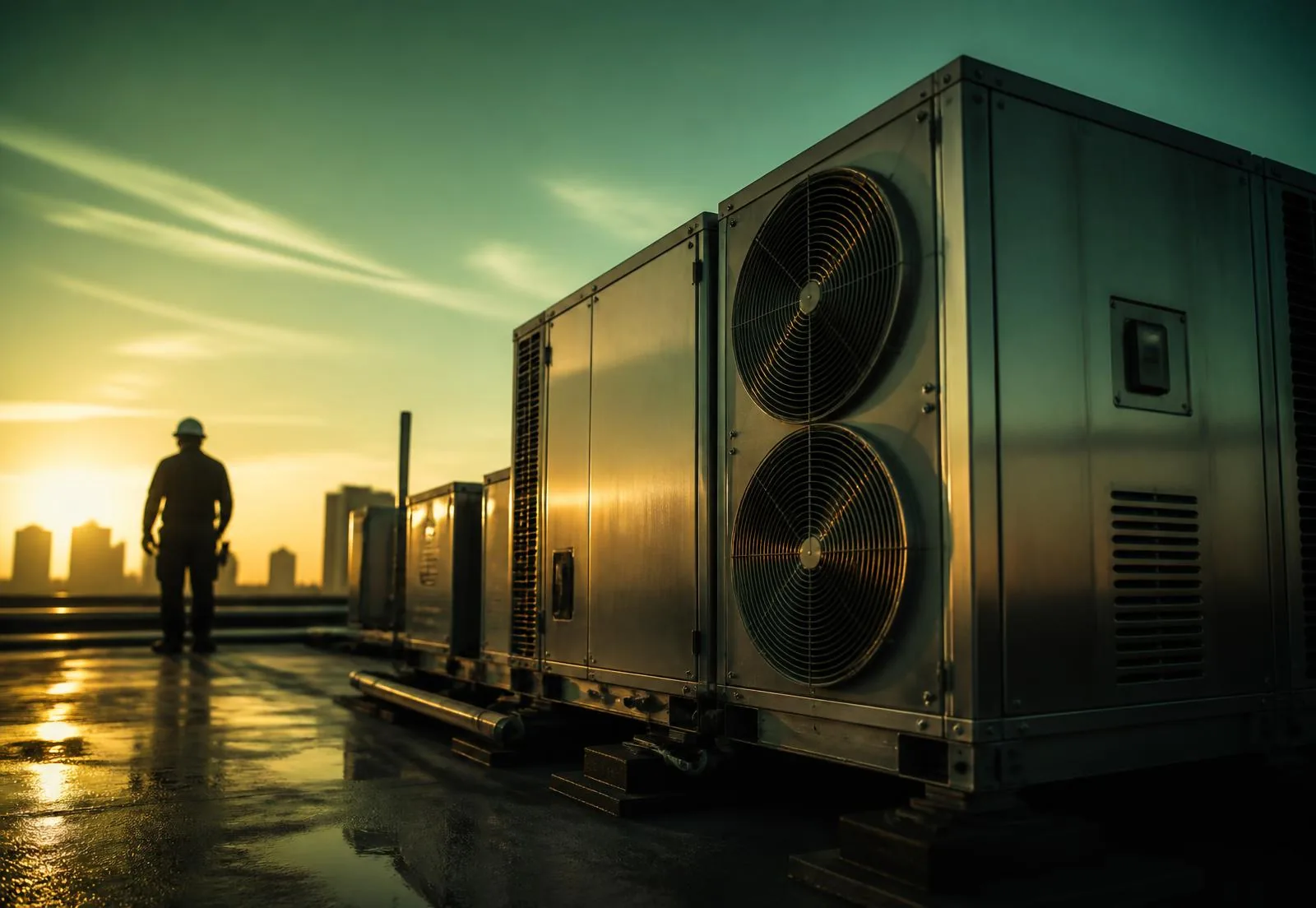 Rooftop high-efficiency HVAC units at sunset