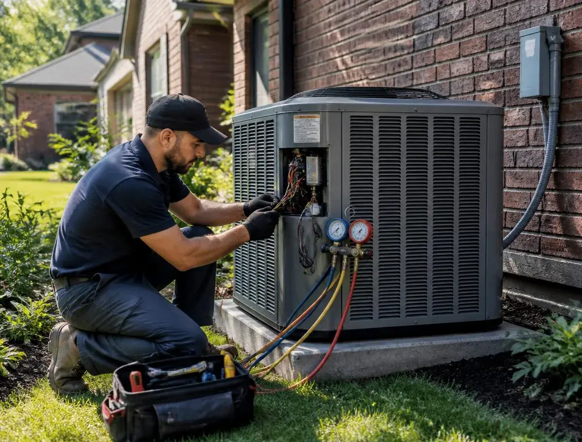 Green Care Energy technician repairing a residential air conditioner in Toronto