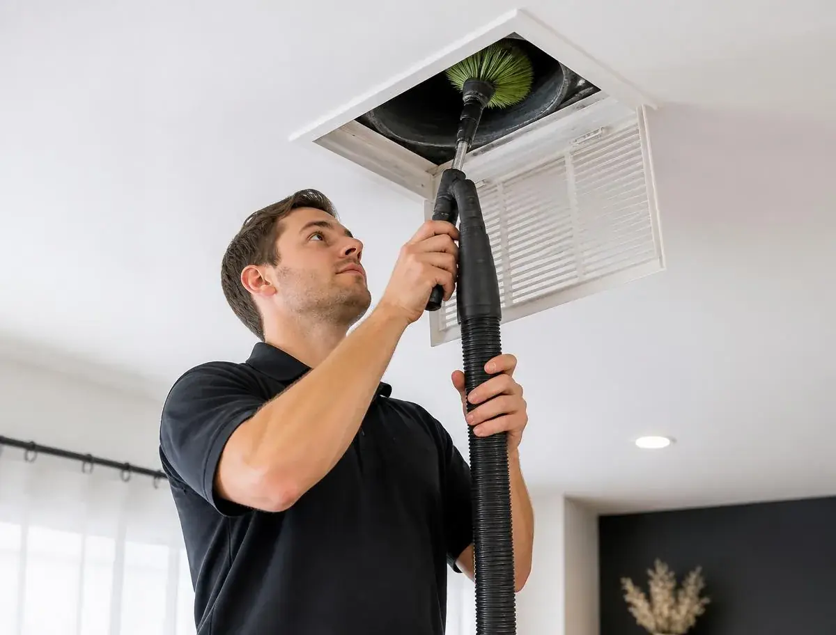 Technician cleaning a ceiling air duct with a rotary brush and vacuum hose in a Toronto home