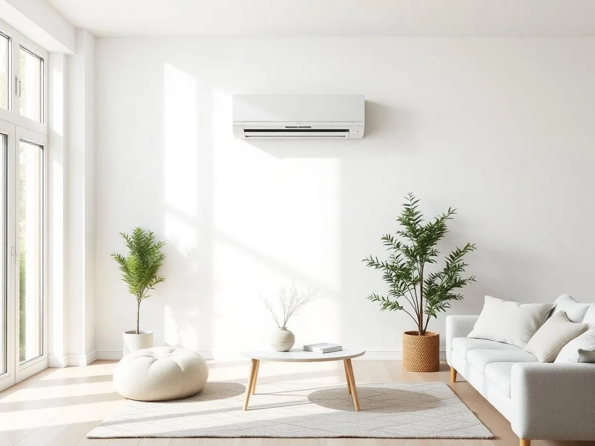 Modern living room with a wall-mounted heat pump