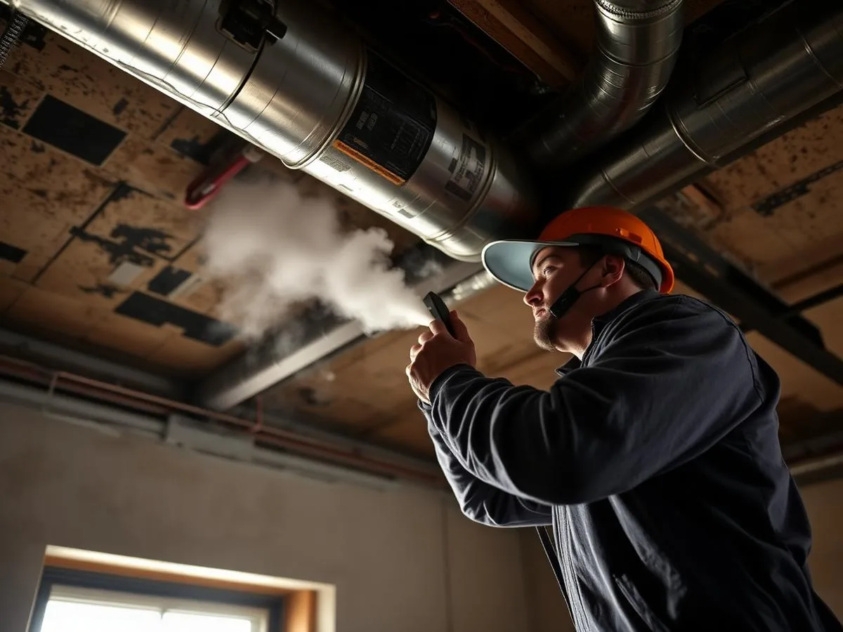 Technician restoring smoke and water damaged ductwork