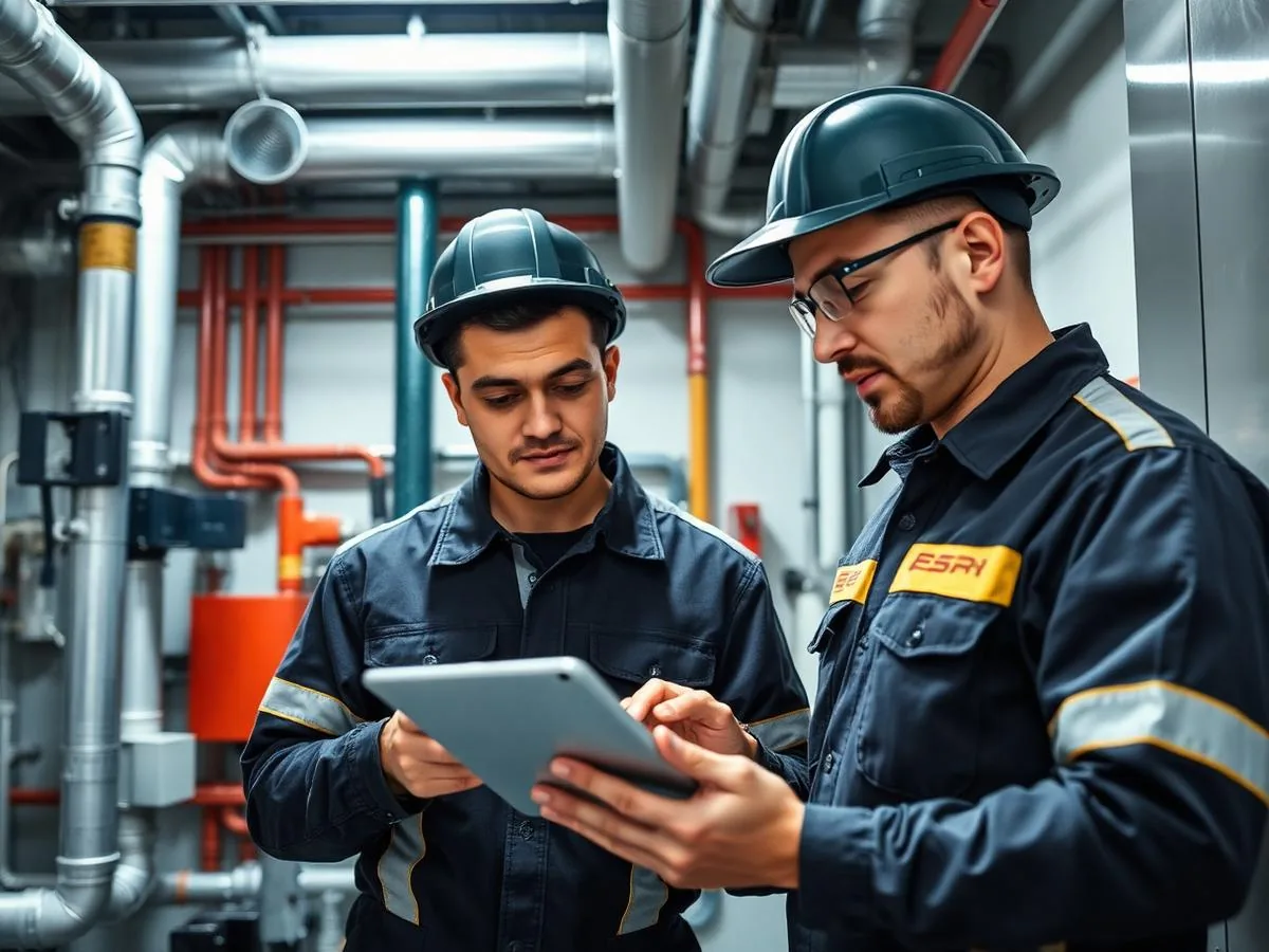 Green Care Energy technicians reviewing a system in a mechanical room